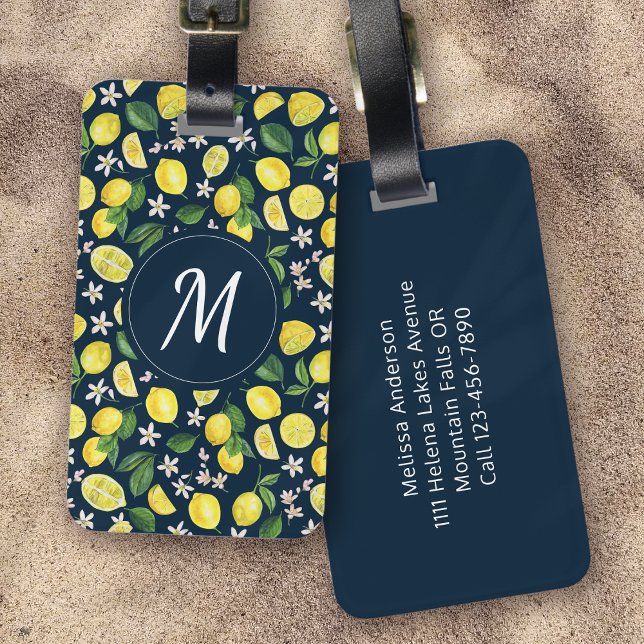 Trendy Citrus Lemons Floral Monogram Luggage Tag (Creator Uploaded)