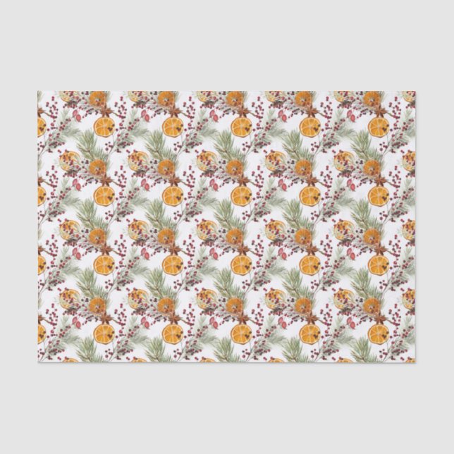 Trendy Citrus Orange Pine Berry Christmas Holiday Tissue Paper (Front)