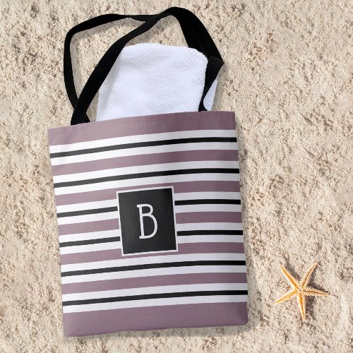 Trendy Clasic Monogram Purple Black White Stripe Tote Bag