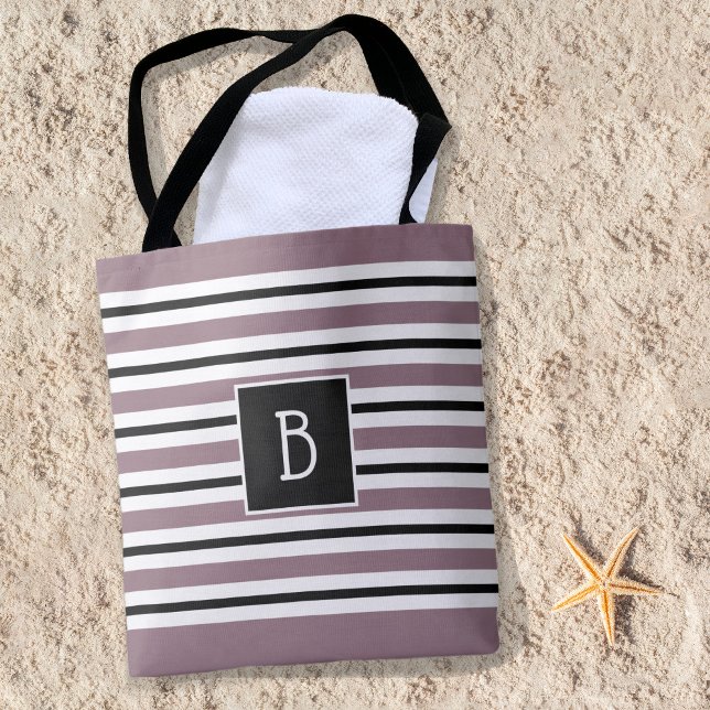 Trendy Clasic Monogram Purple Black White Stripe Tote Bag (Creator Uploaded)