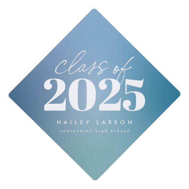 Trendy Class of 2024 Blue Gradient Calligraphy Graduation Cap Topper (Front)