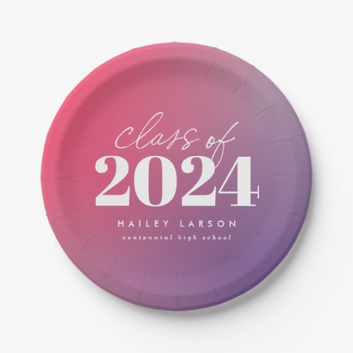Trendy Class of 2024 Pink Gradient Graduation Paper Plates