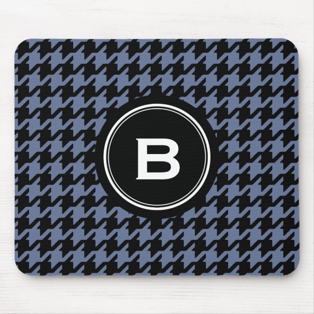 Trendy Classic blue grey houndstooth with monogram Mouse Pad (Front)