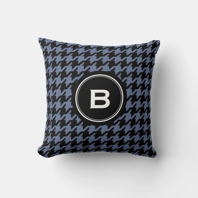 Trendy Classic blue grey houndstooth with monogram Throw Pillow (Front)