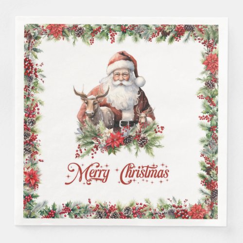 Trendy classic green and red wreath Christmas Paper Dinner Napkins