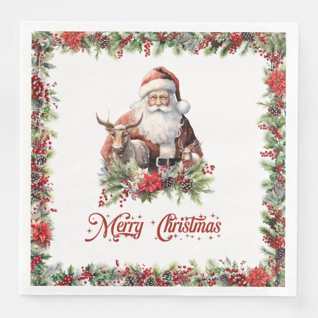 Trendy classic green and red wreath Christmas Paper Dinner Napkins (Front)