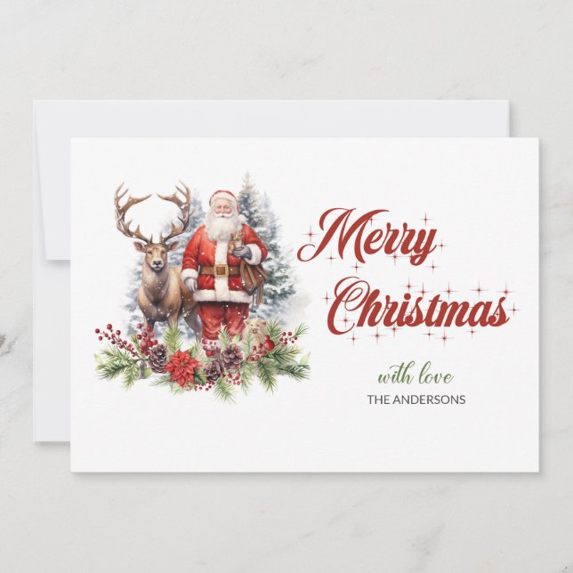 Trendy classic Santa with reindeer and holly Holiday Card (Front)