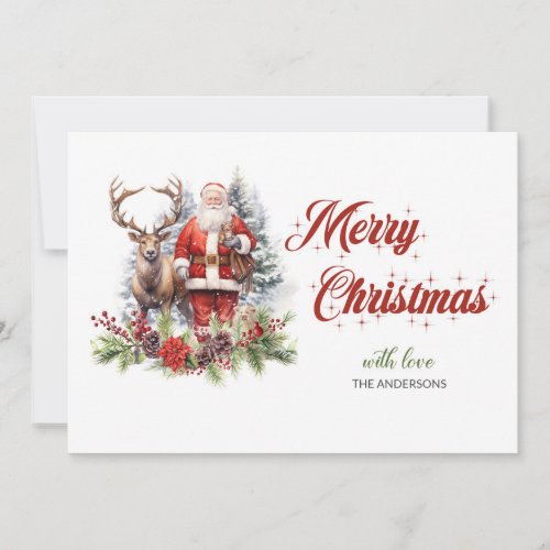 Trendy classic Santa with reindeer and holly Holiday Card