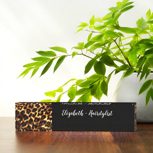 Trendy Classy Hairstylist Monogram Leopard Desk Name Plate