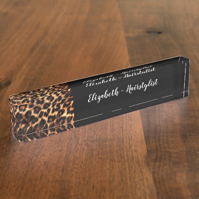 Trendy Classy Hairstylist Monogram Leopard Desk Name Plate (Side)
