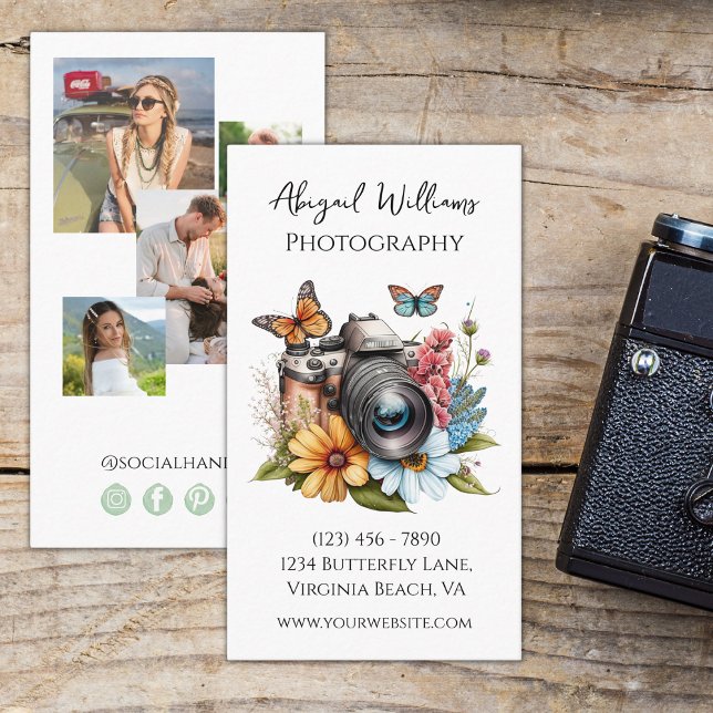 Trendy Clean 4 Photo Flowers Butterfly Photography Business Card (Creator Uploaded)