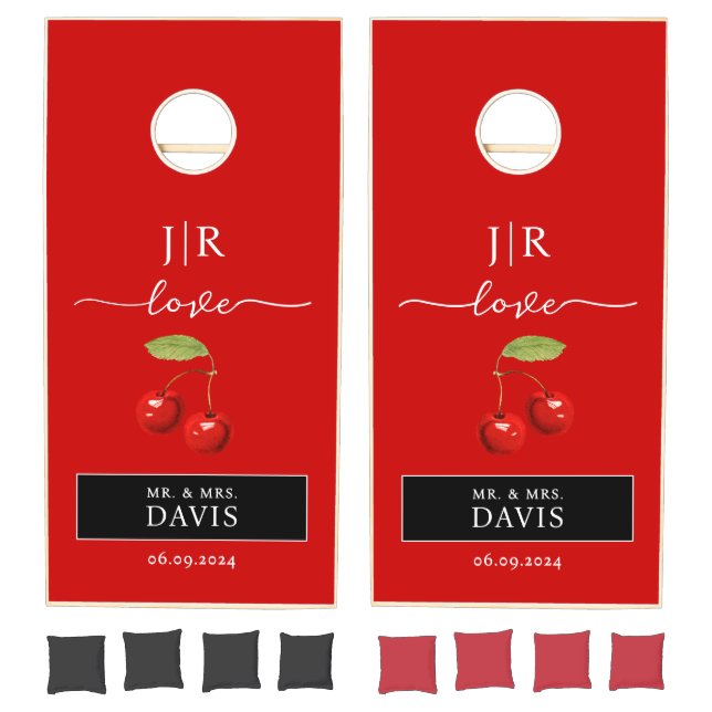 Trendy Clean Cherry Red White Love Couple Monogram Cornhole Set (Set)