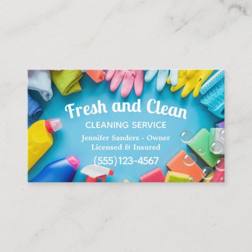 Trendy Cleaning Supplies Housekeeping Service Business Card