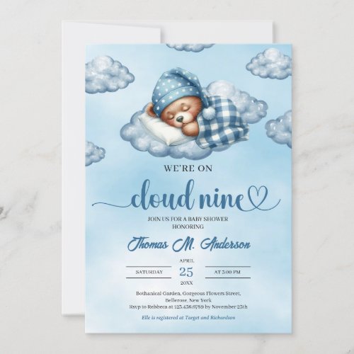 Trendy cloud nine teddy bear Boy Baby Shower Invitation