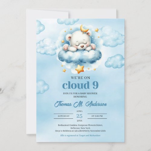 Trendy cloud nine teddy bear Boy Baby Shower Invitation