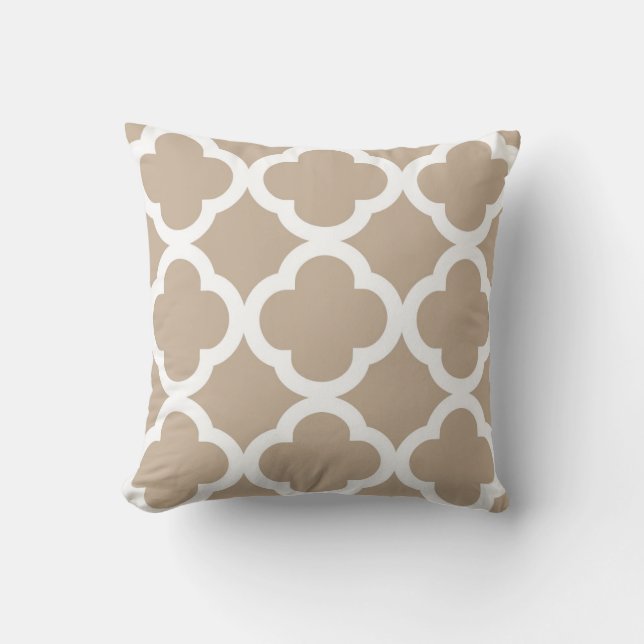Trendy Clover Pattern in Tan and White Throw Pillow (Front)