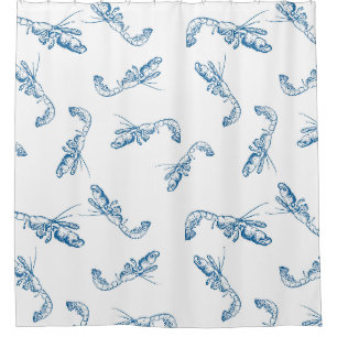 Trendy Coastal Aesthetic Indigo Blue Shrimp Toile Shower Curtain