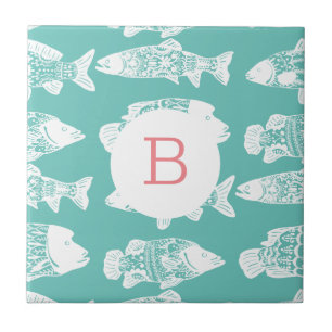 Trendy Coastal Boho Chic White Floral Fish Ceramic Tile