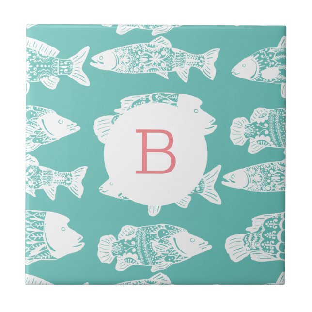 Trendy Coastal Boho Chic White Floral Fish Ceramic Tile (Front)