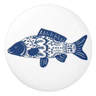 Trendy Coastal Navy Blue Floral Patterned Fish Ceramic Knob