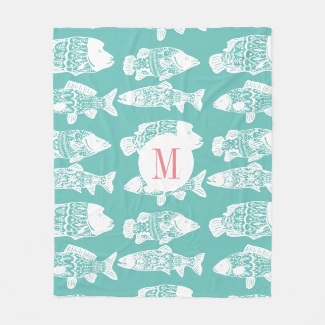 Trendy Coastal White Floral Fish | Monogram Fleece Blanket (Front)