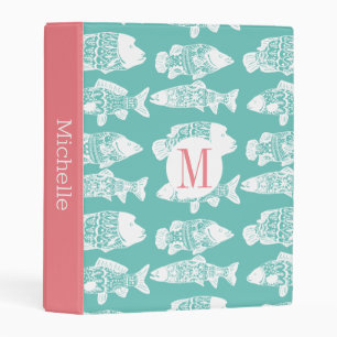 Trendy Coastal White Floral Fish Monogram Mini Binder