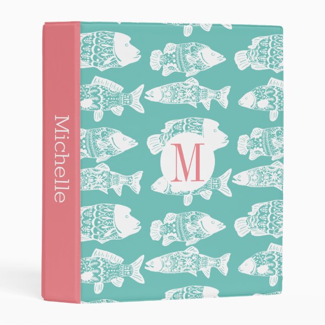 Trendy Coastal White Floral Fish |  Monogram Mini Binder (Front/Spine)