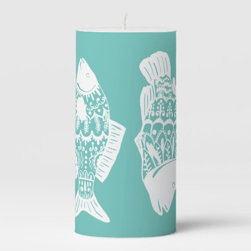 Trendy Coastal White Floral Patterned Fish Pillar Candle