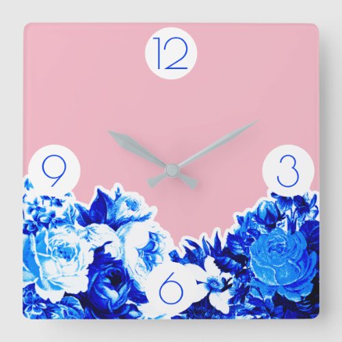 Trendy Cobalt Blue Flowers  Blush Pink Square Wall Clock