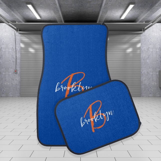 Trendy Cobalt Blue Orange Script Monogram Name Car Floor Mat (Creator Uploaded)