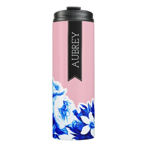 Trendy Cobalt  Blush Florals Personalized Thermal Tumbler