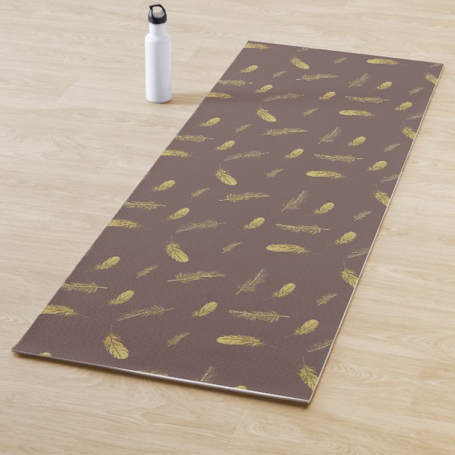 Trendy Coffee Brown and Golden Feathers Yoga Mat (In Situ)