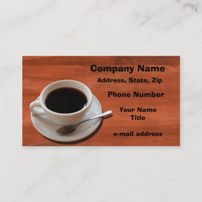 Trendy Coffee Cup Wood Background Business Card (Front)