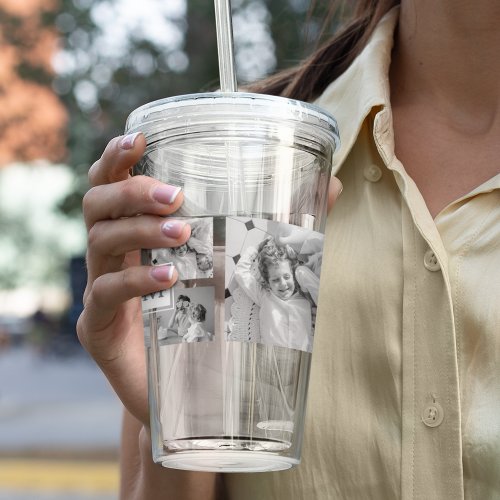 Trendy Collage Family Photo Black  White Initial Acrylic Tumbler