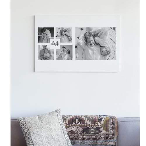 Trendy Collage Family Photo Black  White Initial Canvas Print