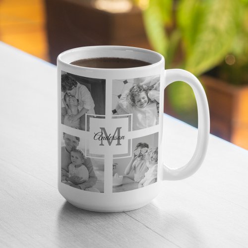 Trendy Collage Family Photo Black  White Initial Coffee Mug