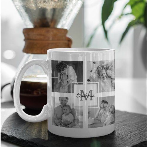 Trendy Collage Family Photo Black  White Initial Coffee Mug