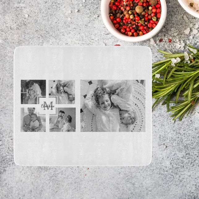 Trendy Collage Family Photo Black & White Initial Cutting Board