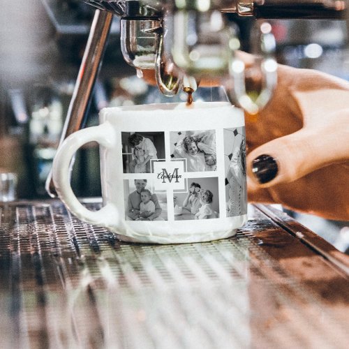 Trendy Collage Family Photo Black  White Initial Espresso Cup