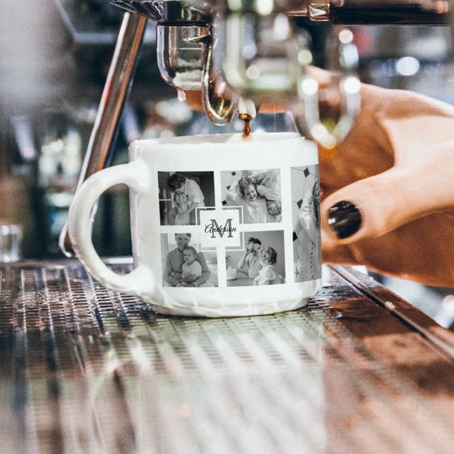 Trendy Collage Family Photo Black & White Initial Espresso Cup (Creator Uploaded)