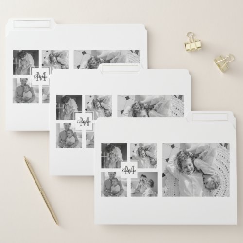 Trendy Collage Family Photo Black  White Initial File Folder