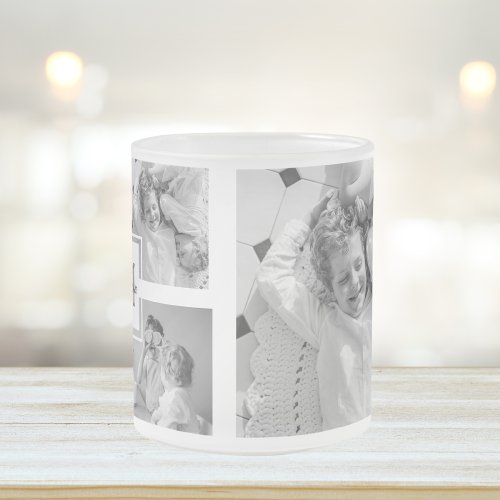 Trendy Collage Family Photo Black  White Initial Frosted Glass Coffee Mug