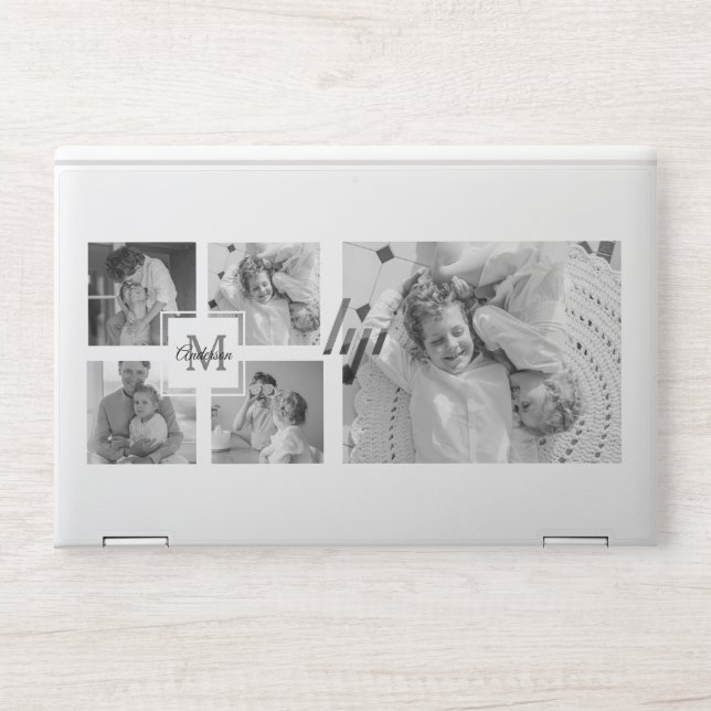 Trendy Collage Family Photo Black & White Initial HP Laptop Skin (Front)
