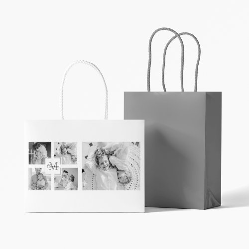 Trendy Collage Family Photo Black  White Initial Large Gift Bag