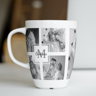 Trendy Collage Family Photo Black & White Initial Latte Mug