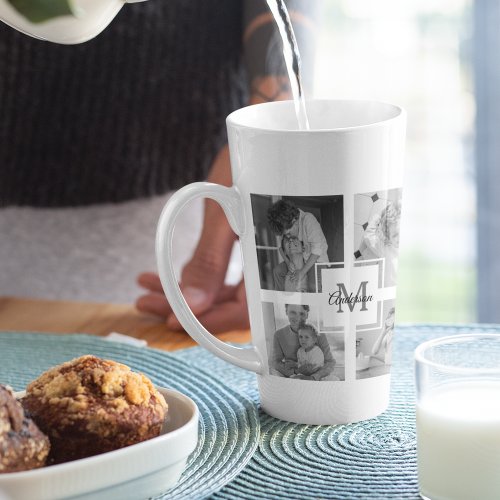 Trendy Collage Family Photo Black  White Initial Latte Mug