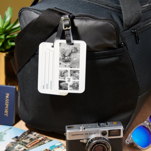 Trendy Collage Family Photo Black  White Initial Luggage Tag