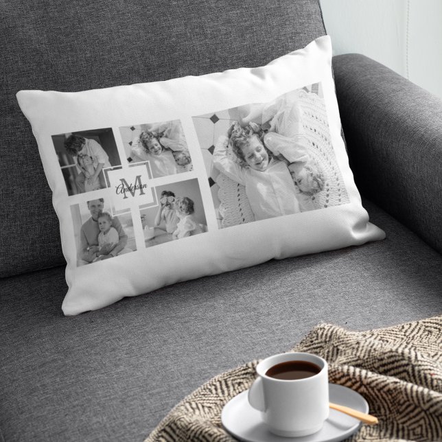 Trendy Collage Family Photo Black & White Initial Lumbar Pillow (Creator Uploaded)