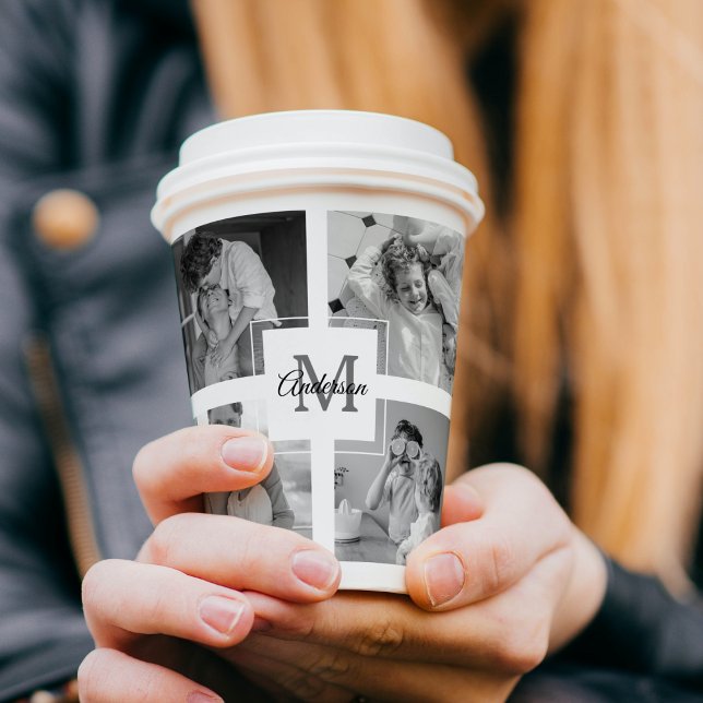 Trendy Collage Family Photo Black & White Initial Paper Cups (Creator Uploaded)