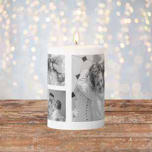 Trendy Collage Family Photo Black & White Initial Pillar Candle